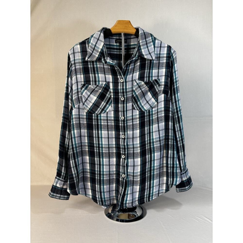 Lane Bryant Rayon Flannel Long Roll-Tab Sleeve Tunic Shirt Navy Plaid 18